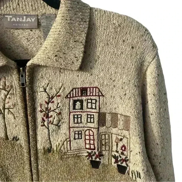 TANJAY Grannycore Cardigan Embroidered Lady Walking Dog Size Petite Medium - Picture 4 of 9